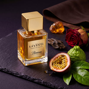 Parfum La'Venti cu note de fructul pasiunii, lemn de oud si piele